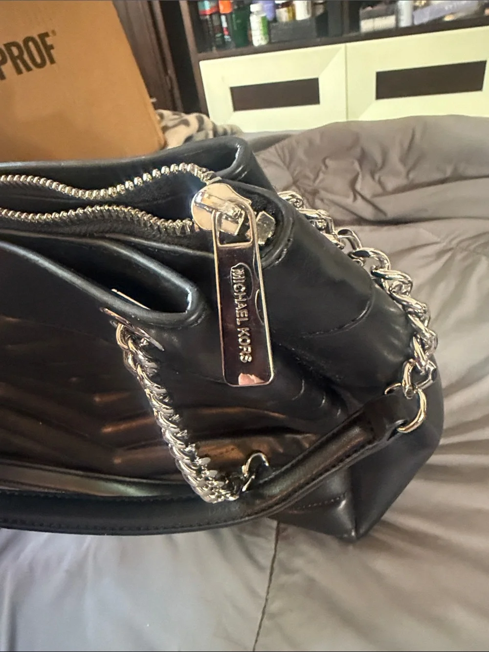 Michael Kors Whitney Medium Black Quilted Chain Tote Silver Hardware